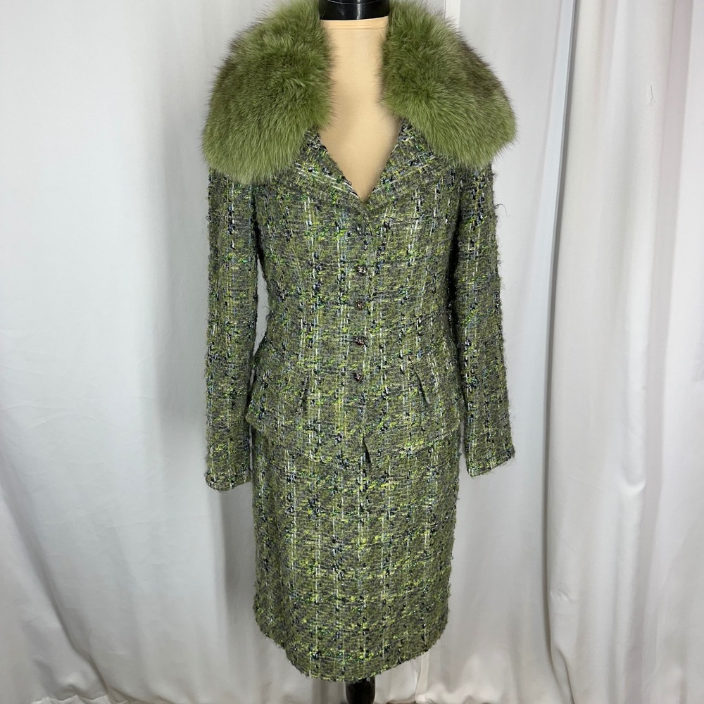 Vintage Teri Jon Wool Mohair Metallic Tweed Skirt Suit Genuine Fur Collar Sz 2